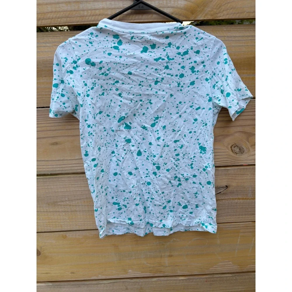 Nike Boys Large White Teal Paint Splatter T-Shirt Orange Striped Swoosh Logo Tee